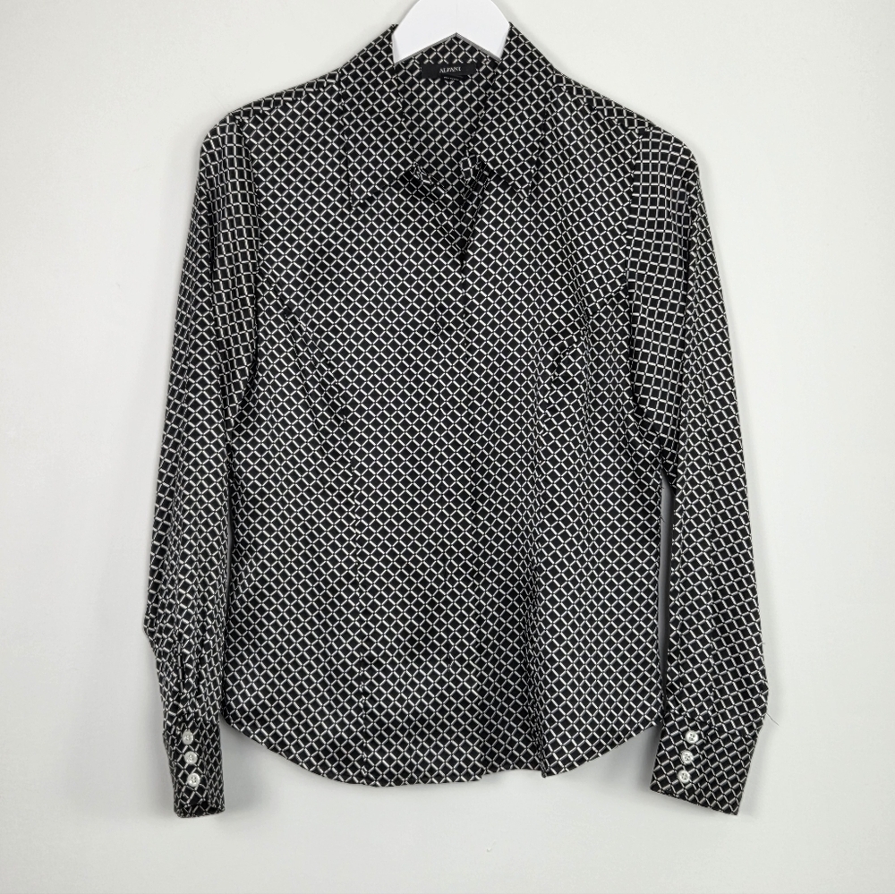 Alfani Women's 100% Silk Long Sleeve Geometric Black And White Shirt Size 10